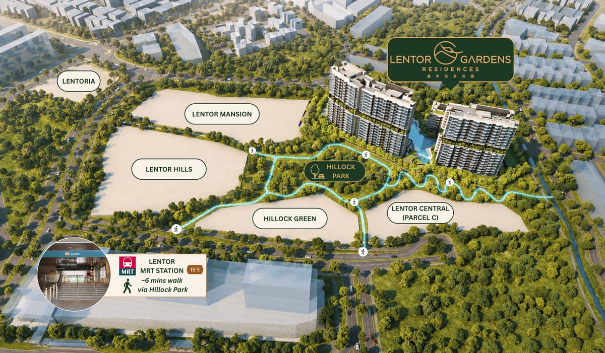 Map showing Lentor Gardens Residences' location relative to nearby MRT stations, schools and amenities